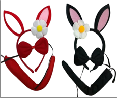 סט ארנב פרח 3 חלקים קשת זנב ופפיון על כארד/ 6 יחידות במארז שחור ואדום