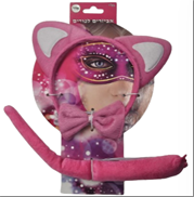 סט חתול ורוד 3 חלקים קשת זנב ופפיון על כארד/ 6 יחידות במארז