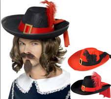 כובע נוצה מוסקיטר שחור אדום/ 6 יחידות במארז