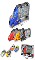 משאית טריילר גוררת 4 מכוניות מתכת קטנות בקופסא 27 ס"מ