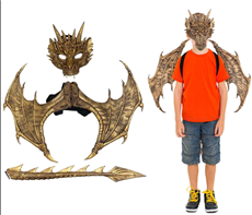 תחפושת דרקון זהב ילדים 3 חלקים מסכה כנפיים וזנב בתיק PVC עם כארד