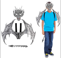 תחפושת דרקון כסף ילדים 3 חלקים מסכה כנפיים וזנב בתיק PVC עם כארד