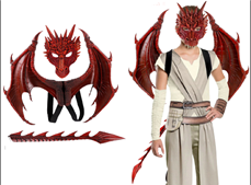 תחפושת דרקון אדום ילדים 3 חלקים מסכה כנפיים וזנב בתיק PVC עם כארד