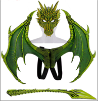 תחפושת דרקון ירוק ילדים 3 חלקים מסכה כנפיים וזנב בתיק PVC עם כארד