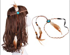 סרט ראש 3 נוצות עם יהלום כחול לאינדיאני על כארד/ 6 יחידות במארז