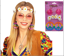 מארז סט להיפית 3 חלקים כולל סרט ראש פרחים, זוג עגילים ומשקפיים על כארד/ 6 יחידות במארז