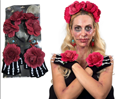 מארז סט שלד מקסיקני יום המתים כולל קשת עגילים וכפפות על כארד/ 3 יחידות במארז