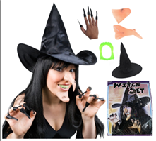 סט למכשפה 5 חלקים כולל כובע, אף, סנטר, שיניים,וציפורניים בשקית מעוצבת/ 6 סטים במארז