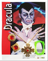 סט תכשיטים לערפד 4 חלקים כולל שרשרת, 2 טבעות ושיניים זוהרות על כארד/ 6 יחידות במארז