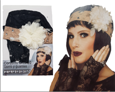 סט לתחפושת שנות ה 20 כולל כובע, פרח וכפפות על כארד/ 6 יחידות במארז