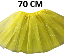 חצאית צהובה עם כוכבים 70 ס"מ 2 שכבות ובטנה על כארד עם קולב/ 6 יחידות במארז