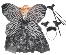 סט תחפושת למכשפה כולל כנפיים, חצאית עכביש, קשת ושרביט עטלף על כארד עם קולב/ 6 יחידות במארז