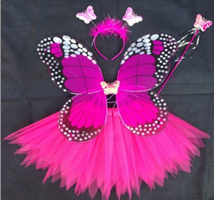 סט תחפושת לפרפר ורוד פוקסיה כולל כנפיים, חצאית קשת ושרביט על / 3 יחידות במארז