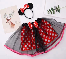 חצאית עכברה אדומה עם נקודות 40 ס"מ כולל קשת על כארד עם קולב/ 6 יחידות במארז