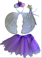 סט לתחפושת חד קרן סגול כולל חצאית 40 ס"מ , כנפיים, קשת ושרביט על כארד עם קולב/ 6 יחידות במארז