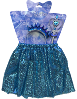 סט תחפושת לנסיכה כולל חצאית פאייטים תכלת 30 ס"מ קשת ושרביט על כארד עם קולב/ 6 יחידות במארז