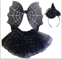 סט תחפושת למכשפה כולל כנפיים, חצאית שחורה כוכבים וכובעון/ 6 יחידות במארז