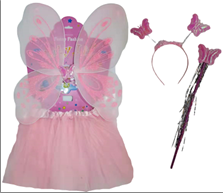 סט לתחפושת פרפר ורוד כולל חצאית 30 ס"מ, כנפיים, קשת ושרביט על כארד עם קולב/ 3 יחידות במארז