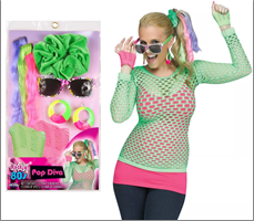 סט שנות ה 80 כולל משקפיים תוספות שיער צבעוניות עגילים וכפפות רשת על כארד/ 6 יחידות במארז