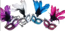 מסכה נשף מפוארת עם 4 נוצות ופרח בשקית PVC עם כארד/ 6 יחידות במארז