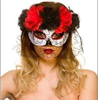 מסכה חצי פנים יום המתים עם הינומה ופרחים בשקית PVC עם כארד / 6 יחידות במארז