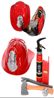 סט לכבאי כולל כובע, מטף כיבוי, מכשיר קשר, גרזן, תג ולום ברשת / 6 יחידות במארז