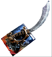 חרב פיראט מעוגלת כולל עגיל ורטיעה לעין גודל 48 ס"מ על כארד/ 6 יחידות במארז