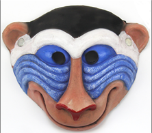 מסכה קוף צבעוני מחומר גומי רך על כארד תלייה / 2 יחידות במארז