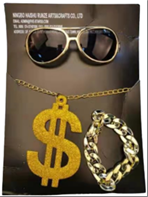 סט ראפר כולל משקפיים שרשרת דולר גדולה וצמיד זהב על כארד/ 6 יחידות במארז