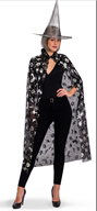 גלימה מכשפה שחור כסף אורך 120 ס"מ כולל כובע בשקית PVC עם כארד/ 6 יחידות במארז