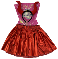 סט שטן אדום כולל חצאית מטאלית אדומה 40 ס"מ וקשת קרניים על כארד/ 6 יחידות במארז