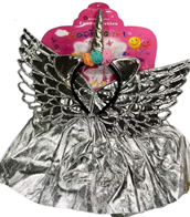 סט חד קרן כסף כולל קשת חצאית מטאלית 40 ס"מ וכנפיים על כארד/ 6 יחידות במארז