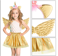 סט חד קרן זהב כולל קשת חצאית מטאלית 40 ס"מ וכנפיים על כארד/ 6 יחידות במארז