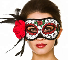 מסכה חצי פנים יום המתים עם פרח בצד ונוצות על כארד / 6 יחידות במארז