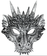 מסכה דרקון כסף פלסטיק על כארד/ 6 יחידות במארז