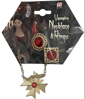 סט תכשיטים לערפד 3 חלקים כולל שרשרת, 2 טבעות על כארד/ 6 יחידות במארז