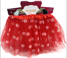 חצאית טוטו 40 ס"מ אדום נקודות עם כארד וקולב  / 6 יחידות במארז