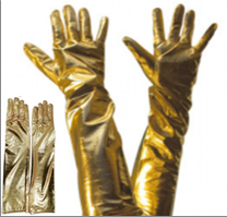 זוג כפפות ארוכות 38 ס"מ חלקות זהב לייקרה בשקית PVC עם כארד/ ארוז 6 י'ח במארז