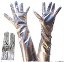 זוג כפפות ארוכות 38 ס"מ חלקות כסף לייקרה בשקית PVC עם כארד/ ארוז 6 י'ח במארז