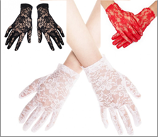 זוג כפפות תחרה קצר 20 ס"מ בשקית PVC עם כארד, 6 יחידות במארז, 3 שחור, 2 לבן, 1 אדום