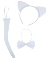 סט חתול לבן 3 חלקים קשת זנב ופפיון על כארד/ 6 יחידות במארז