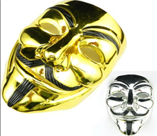 מסכה אנונימוס מבריקה זהב וכסף בשקית PVC עם כארד/ 6 יחידות במארז