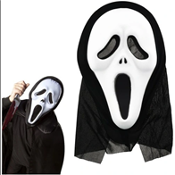 מסכה צעקה לבנה עם כיסוי ראש שחור בשקית PVC עם כארד/ 6 יחידות במארז