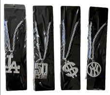 שרשראות ראפר ברזל על כארד בשקית / 12 יח במארז מיקס 4 דוגמאות: דולר $, 50CENT, LA, NY