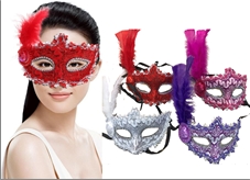 מסכה ונציה נוצות עם כובע בשקית PVC עם כארד / 12 יחידות במארז