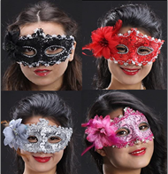 מסכה ונציה ,תחרה עם פרח מיקס 6 צבעים בשקית PVC עם כארד 12 יחידות במארז