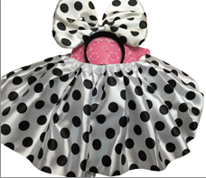 חצאית טוטו עכברה 40 ס"מ לבן נקודות שחורות כולל קשת לבנה  / 6 יחידות במארז