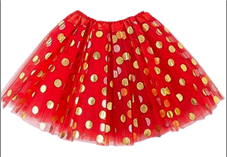 חצאית אדום נקודות זהב 3 שכבות 40 ס"מ עם כארד וקולב/ 6 יחידות במארז